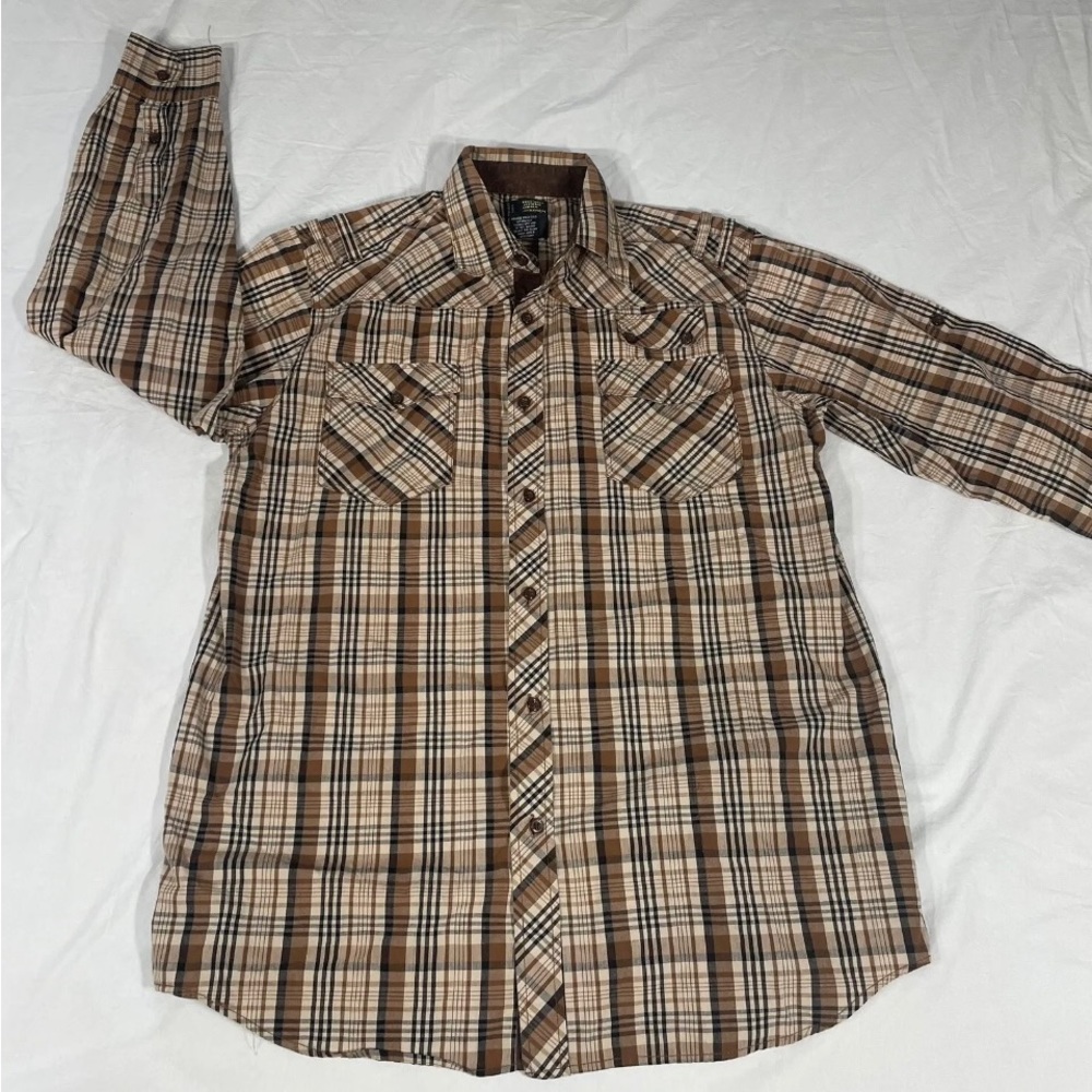 Koman Jeans Women Brown Plaid Long Sleeve Button Up Shirt Size L